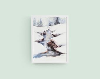 Creek Series No. 1 Original Watercolor Impression Painting, Snow Winter Water Reflection Art Home Wall Décor Hanging Gift