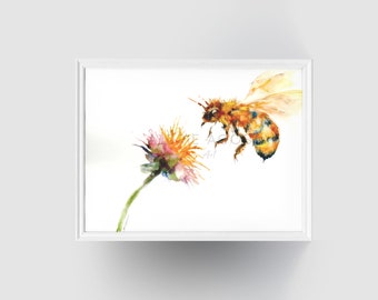 Bee and Flower Giclée Art Print from Original Watercolor Impression Painting, Floral Insect Nature Wall Decor Hanging