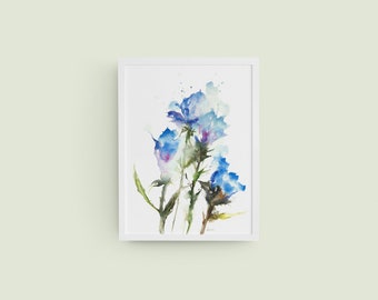 Delicate Blossoms Series No. 7 Giclée Art Print from Original Watercolor Impression Painting, Blue Wild Flower Home Wall Décor Hanging Gift