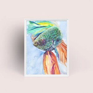 May include: Watercolor painting of a betta fish in a white frame. The fish has a green head and body, with orange and yellow fins. The background is a soft blue and white wash.