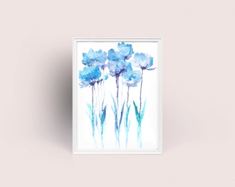 Delicate Blossoms Series No. 14 Giclée Art Print from Original Watercolor Impression Painting, Blue Wild Flower Home Wall Décor Hanging Gift