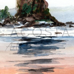May include: Watercolor painting of a coastal scene. A large, textured, brown rock formation with green foliage sits above the water. The water reflects the rock and the sky, with shades of blue, gray, and peach. The artist's name is visible in the image.