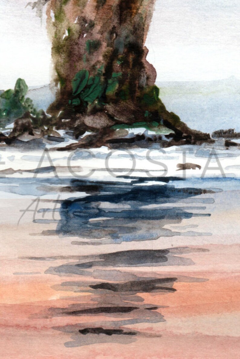 May include: Watercolor painting of a coastal scene. A large, textured, brown rock formation with green foliage sits above the water. The water reflects the rock and the sky, with shades of blue, gray, and peach. The artist's name is visible in the image.