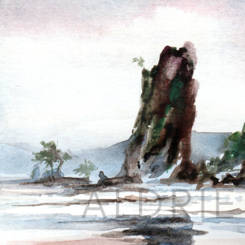 May include: Watercolor painting of a coastal landscape featuring a large, dark rock formation with hints of green vegetation. The water reflects the sky and the rock, with small trees in the distance. The artist's signature is visible at the bottom.