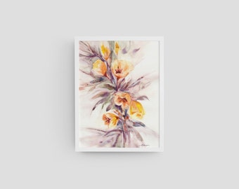 Vilda blommor serie nr 8 nedladdningsbart konsttryck från original akvarellmålning, gul blommig abstrakt väggdekoration