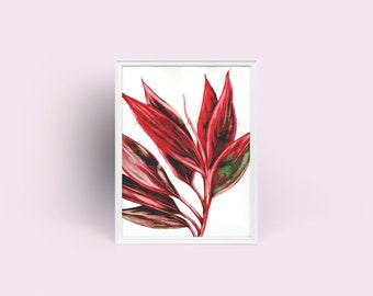 Variegato Ti Plant Giclée Art Print da Original Watercolor Impression Painting, Red Variegated Plant Acquerello Home Wall Decor Hangings