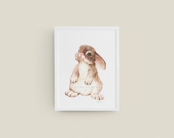 Bunny Rabbit Original Watercolor Impression Painting, Cute Animal Nursery Kids Room Wall Decor Hangings