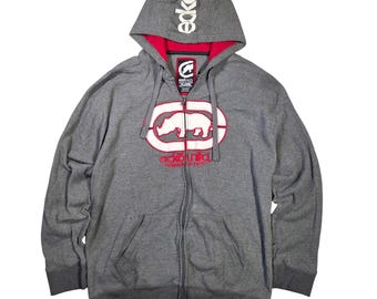 Ecko Unltd Mens 3XL Gray Waffle Knit Full Zip Hoodie Streetwear Y2k Grunge Baggy