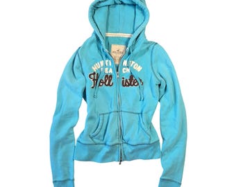 Vintage Y2k Hollister Full Zip Hoodie Turquoise Blue Size L Preppy 2000s Bratz