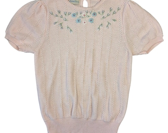 Boundary Waters Top de punto rosa con mangas abullonadas y bordado floral para mujer Cottagecore