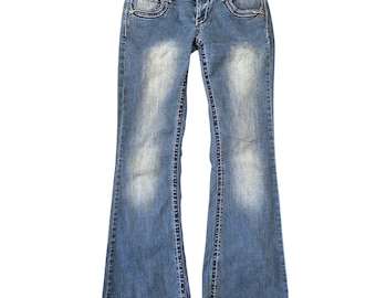 Angels Jeans Womens 7 Medium Wash Low Rise Flare Embroidered Pocket Y2K Denim