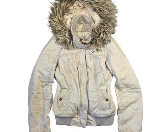 Y2k Hollister Womens Cream Faux Fur Hood Jacket Coat L 2000s Bella Swan Bratz