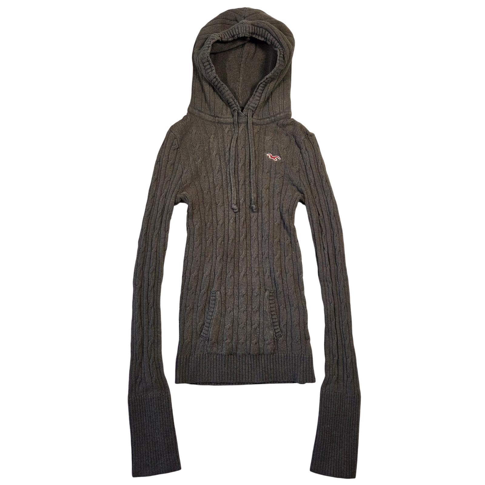Y2k Hollister Cable Knit Hoodie Sweater Brown Rabbit Hair Womens L