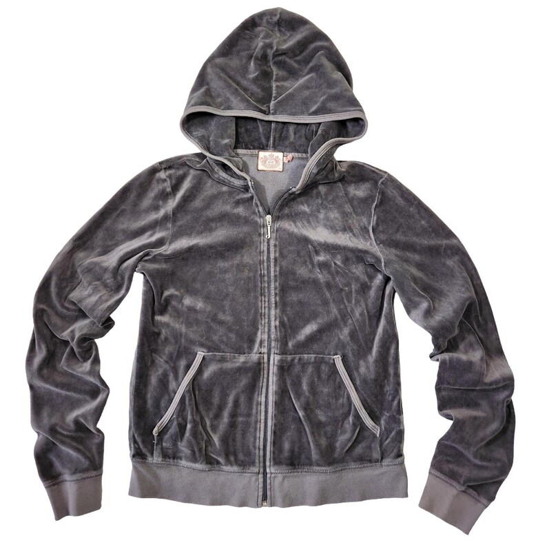Y2k Juicy Couture Velour Full Zip Hoodie Women XL Gray 2000s Preppy Paris Hilton afbeelding 1