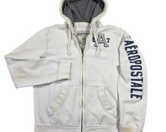 Y2k Aeropostale Mens White Full Zip Hoodie Graphic Sleeve Sweatshirt L 2000s