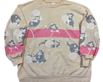 Vintage Scoop NYC Cat Yarn Pink Stripe Sweatshirt Womens L Retro Kitty Made USA