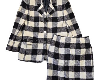 The Limited Vintage 90s Wool Blend Buffalo Plaid Skirt Suit Set Black Cream L