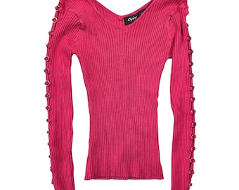 Chesley Pink Y2k Ribbed Knit V Neck Long Sleeve Sweater Ring Detail L 2000s