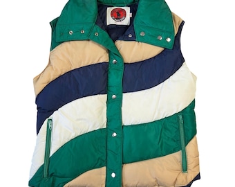 Vintage Mountain Goat White Stag Wavy Colorblock Puffer Vest Mens M Down Flled