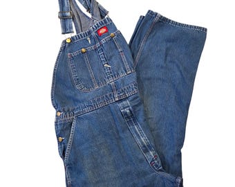 Dickies Mens Blue Denim Bib Overalls 40x30 Relaxed Fit Workwear Medium Wash