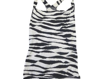 Y2k Deb Zebra Print Racerback Tank Top Black White Square Neck Sleeveless Womens