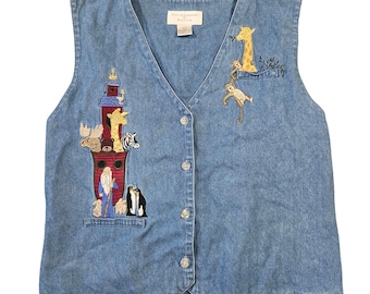 Vintage Christopher & Banks Noahs Ark Embroidered Denim Vest Blue Cotton Women L