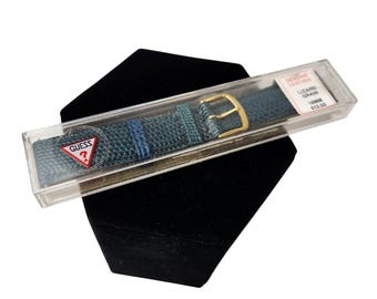 Vintage Guess 18mm Blue Genuine Leather Lizard Grain Watch Strap Band Gold Retro