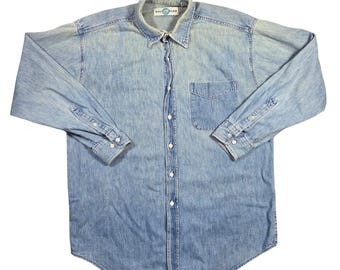 Vantage World Island Mens L Light Denim Button Up Shirt Long Sleeve 90s Country
