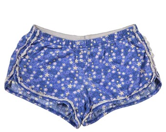 Y2k Victorias Secret Star Print Pajama Shorts Blue Lace Trim Cotton Sleepwear M