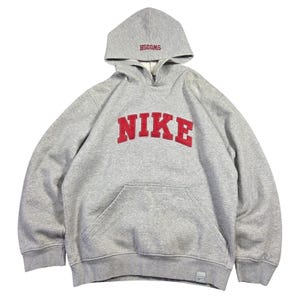 Vintage Nike Hoodie Mens Medium Grey Red Spellout Swoosh Y2K 2000s Streetwear afbeelding 1