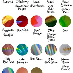 May include: A chart of 15 different holographic nail polish colors. The colors include iridescent, blueberry, nerds, sunset, pink lemonade, gryffindor, opal red, opal orange, citrus, lime, holo rose gold, holo mermaid, holo silver, matte holo silver, and mirror mirror.