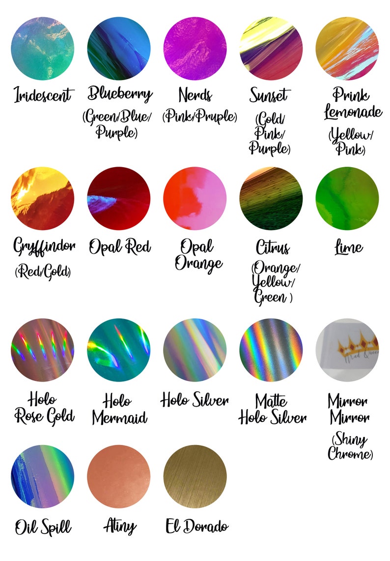 May include: A chart of 15 different holographic nail polish colors. The colors include iridescent, blueberry, nerds, sunset, pink lemonade, gryffindor, opal red, opal orange, citrus, lime, holo rose gold, holo mermaid, holo silver, matte holo silver, and mirror mirror.