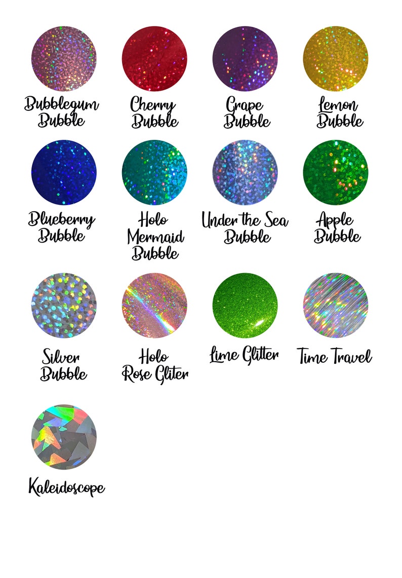 May include: A collection of 12 different glitter colors, including bubblegum, cherry, grape, lemon, blueberry, mermaid, under the sea, apple, silver, rose, lime, and time travel. Each color is displayed in a circle with a descriptive label.