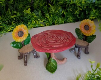 3 pieces rose Table and sunflower chair furniture set Fairy garden table and chairs for fairy garden Miniature Gardening, Terrarium decor