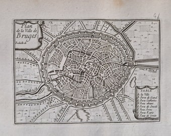 Gravure sur cuivre XVIIème siècle  "Plan de la ville de Bruges"  Par Sébastien de Pontault de Beaulieu (1612-1674)