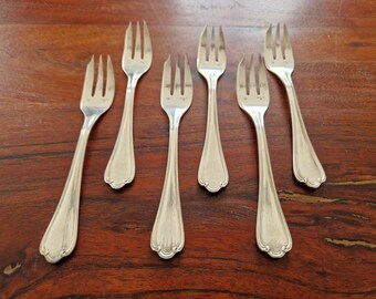 6 Fourchettes à Huîtres En Métal Argenté Rousseau - Modèle Contours (très Bon état)