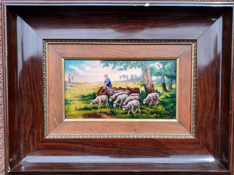 Bardonnaud Limoges - Plaque de Cuivre Émaillé Berger et Ses Moutons
