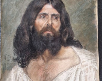 Marguerite Dubois (née en 1883) - Pastel sur papier - "Portrait de Jésus Christ" - Signé et daté 1905