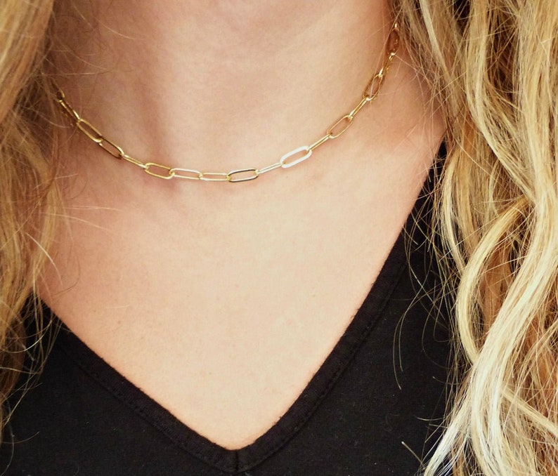 Rectangle Chain Link Chain Choker Thick Gold Choker Cable Chain Necklace Chunky Choker Gold Drawn Flat Cable Layer Gold Chain Choker