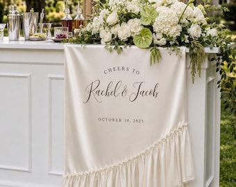 Personalized Fabric Bar Menu Sign, Personalized Drink Menu Chiffon Banner, Ruffled Sheer Drape Bar Decor, Signature Cocktails Wedding Sign