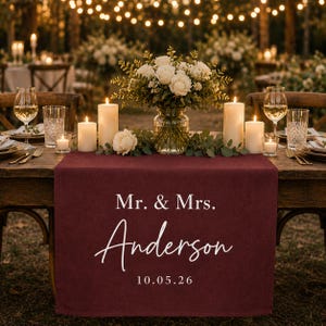 Personalized Wedding Linen Table Runner, Custom Sweetheart Table Sign, Last Name Linen Wedding Reception Decor