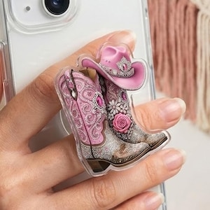 Cowgirl Boots Personalized Phone Grip, Valentine's Day Gift, Coquette Bow Hat Acrylic Phone Grip, Western Girl Valentines Gift