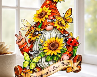 Personalized Grandma Love Bugs Suncatcher, Custom Grandkids Names Window Hanging, Sunflower Gnome Gift for Grandma, Mother’s Day Gift