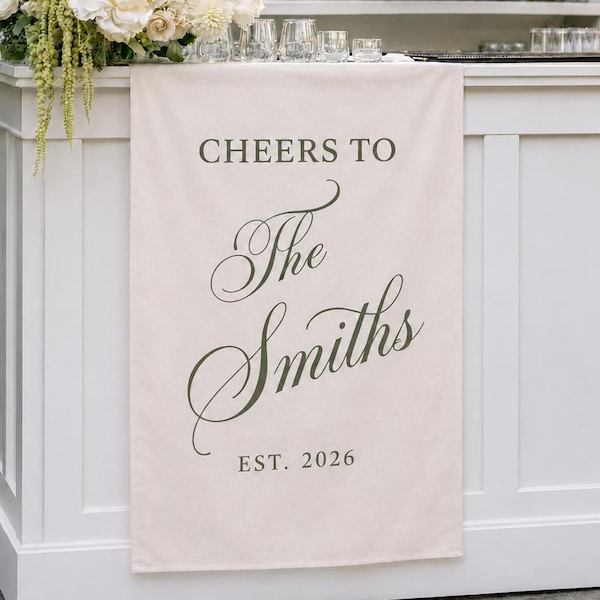 Individuell gestaltetes Bar-Teppichschild für die Hochzeit, personalisierte Tischdekoration mit Familiennamen, Schild für den Signature-Drink der Hochzeit