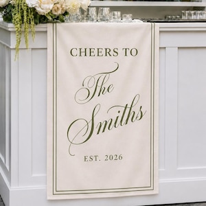 Custom Linen Bar Sign, Cheers To Last Name Drape Banner, Romantic Event Decor