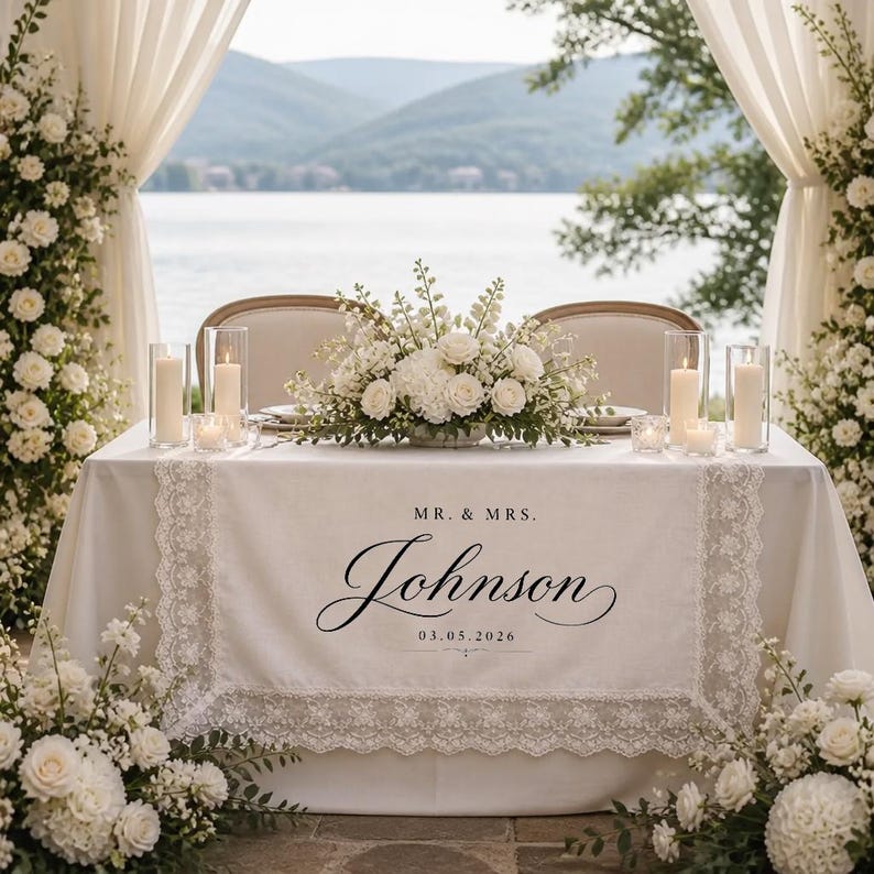 May include: A white wedding table runner featuring lace trim and the printed text MR. & MRS. Johnson 03.05.2026. The runner is displayed on a table with a floral centerpiece, candles, and white curtains, set against a backdrop of a lake and mountains.