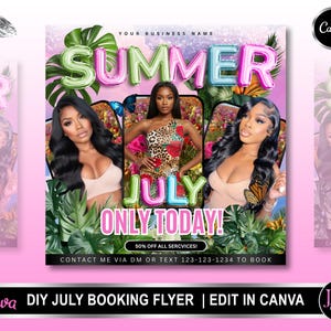 Summer Hair Specials Flyer, Summer Bookings Open Book Now Wigs, Summer Hair Sale Wig, July Booking Flyer, Hair Booking Flyer