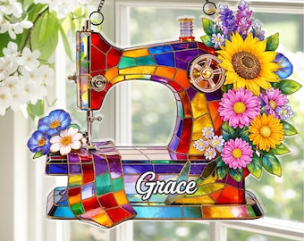 Personalized Sewing Machine Suncatcher Gift for Mom, Custom Name Quilter Gift, Seamstress Window Hanging, Mother Day Gift for Sewing Lover