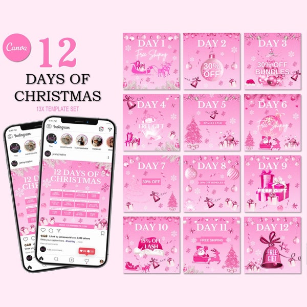12 Days of Christmas, Christmas Instagram Template, Pink Holiday Flyer, Christmas Flyer Set, Xmas Flyer, Christmas Sale Flyer