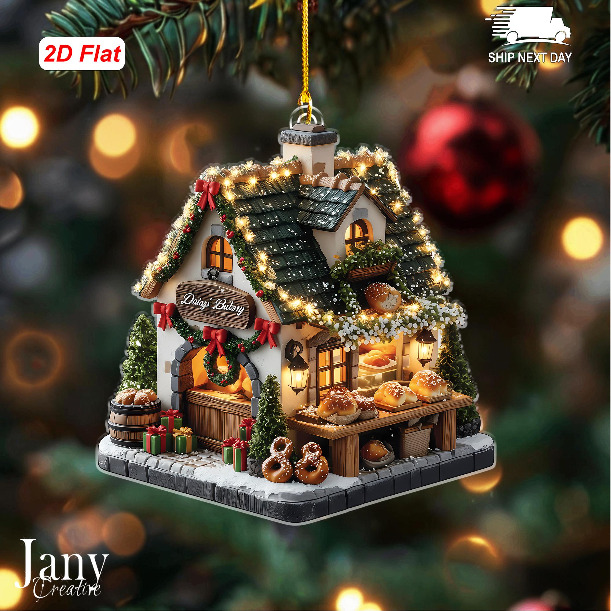 Discover Personalized Bakery Christmas Wooden Ornament, 2D Flat Elegant Patisserie with Croissant Roof
